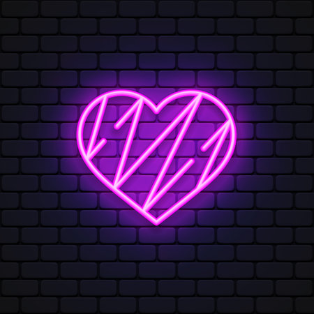 Neon heart sign. Vector glowing valentine day holiday decoration love symbol. Electric bulb vintage retro banner. Vector illustrationのイラスト素材