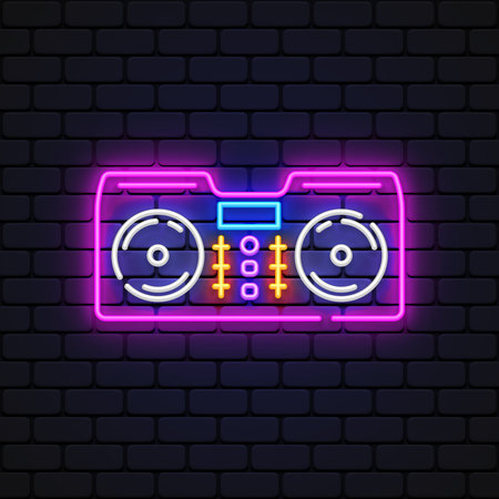 Record player neon in hipster style on colorful background.のイラスト素材