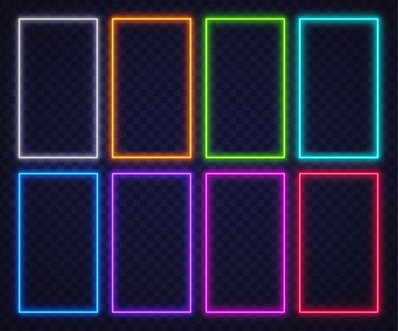 Set of glowing neon frames in various colors on a transparent background. Vibrant futuristic design ideal for posters, banners, or digital art layouts.のイラスト素材