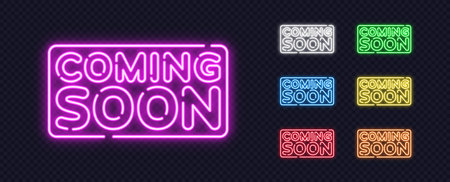 Glowing neon Coming Soon signs in vibrant colors on a transparent background. Perfect for promoting launches, announcements, and modern digital campaigns.のイラスト素材