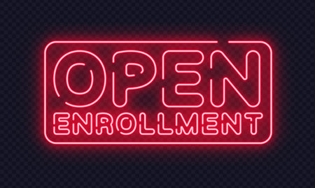 Red neon open enrollment sign in modern vector design, suitable for education and program announcements. Clear glow enhances visibility at night.のイラスト素材