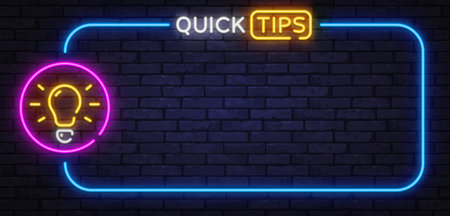 Bright neon vector design with the text Quick Tips and light bulb icon. Great for tutorials, helpful advice layouts, and educational visuals.