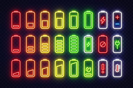 Large set of neon battery icons with charge levels and energy symbols. Colorful glowing indicators isolated on transparent background.のイラスト素材