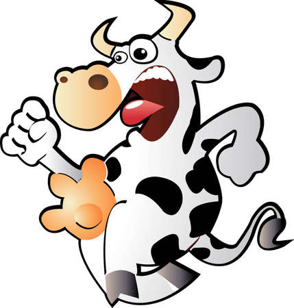 Cartoon  of a funny running black and white cow with her udder protruding in front of her as she runs in an upright stanceの写真素材