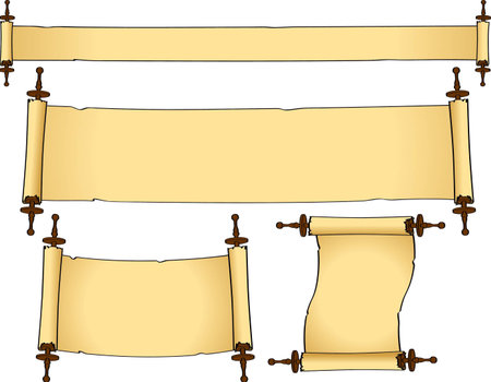 Set of  unrolled open vintage scrolls with aged colouration and blank copyspace