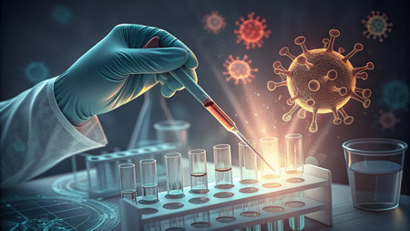 Scientist hand holding syringe with blood sample in test tube. 3D renderingの素材