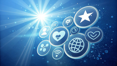 Social media icons against composite image of star and hearts on blue backgroundの素材