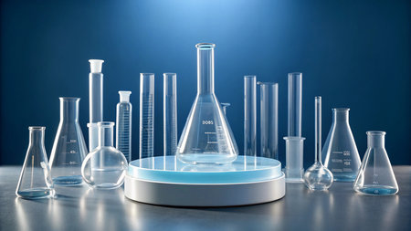 Laboratory glassware on the table with blue background. 3d renderingの素材
