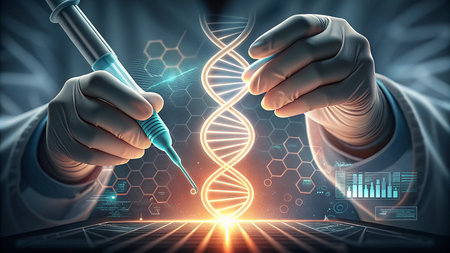 Scientist hand holding syringe with DNA molecule research concept. 3D renderingの素材