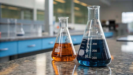 Laboratory glassware with chemical liquid in laboratory, science research and development conceptの素材