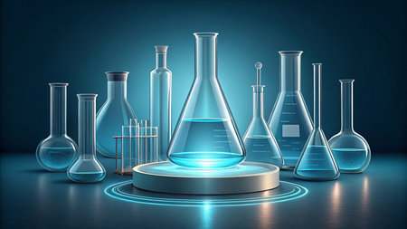 Laboratory glassware with blue liquid on blue background. 3d renderingの素材