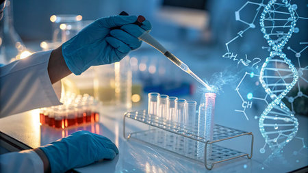 cropped shot of biochemist holding test tube with dna moleculeの素材