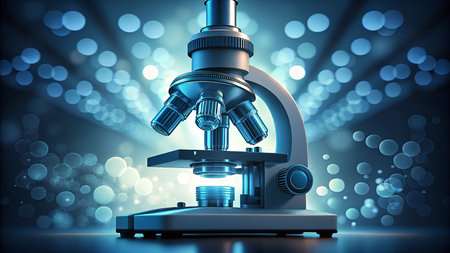 Microscope on abstract background with bokeh effect. 3D renderingの素材