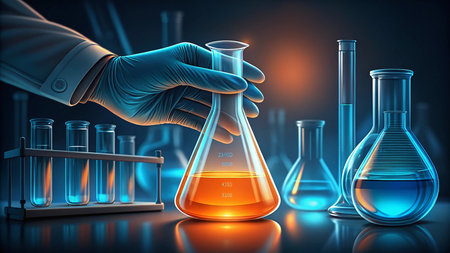 Laboratory glassware with colorful liquid in scientist hand, 3d illustrationの素材