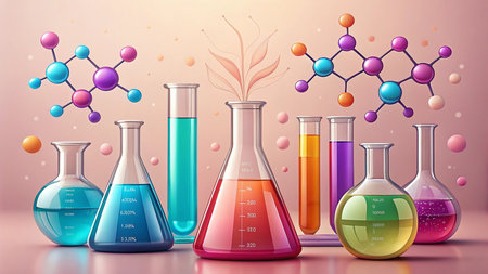 Laboratory glassware with colorful liquid and molecules. Vector illustration.の素材
