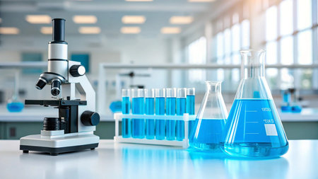 Laboratory glassware and microscope on laboratory table, science research and development conceptの素材