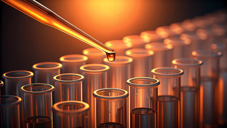 Laboratory pipette dropping liquid to test tubes. 3D renderingの素材