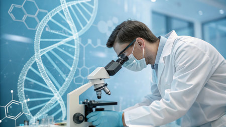 Scientist working with microscope in laboratory. Medical research and development concept.の素材