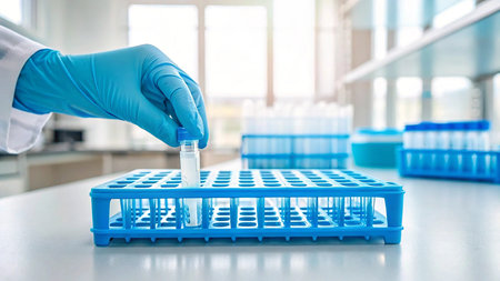 Scientist working in a laboratory with a pipette and test tubesの素材