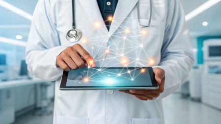 Close up of male doctor holding tablet pc with social network structure on screenの素材