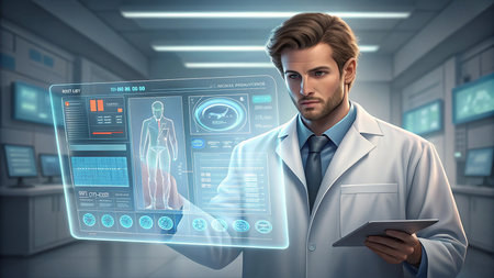 Laboratory glassware with colorful liquid and molecules on blue background 3D renderingの素材