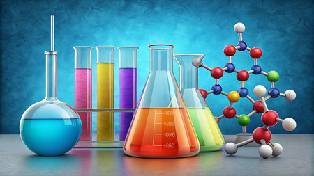 Laboratory glassware with colorful liquid and molecular structure on blue backgroundの素材