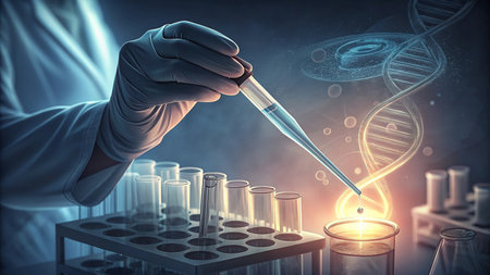 Science research and development concept with microscope and test tubes on dark backgroundの素材