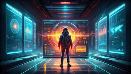 Hacker in front of futuristic glowing HUD interface. 3D renderingの素材