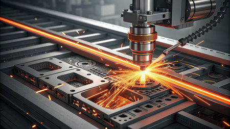 3d rendering of CNC milling machine cutting metal with sparksの素材