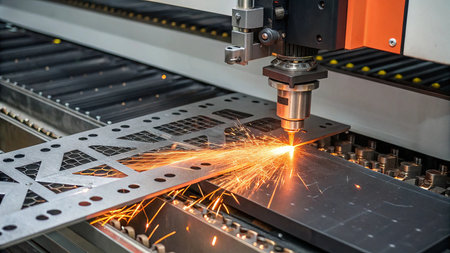 CNC laser cutting machine cutting metal sheet with sparks. High technology.の素材