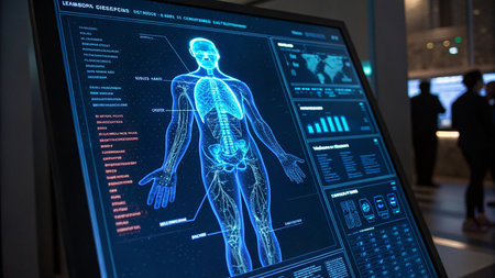 3D rendering of a medical science hologram showing the human bodyの素材