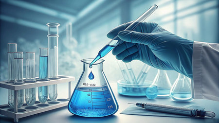 Laboratory glassware with blue liquid in scientist hand. 3d renderingの素材