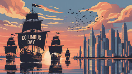 illustration of a pirate ship on the background of the city.の素材