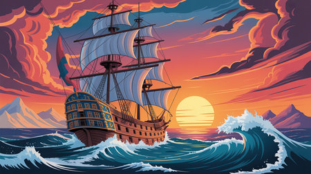 Pirate ship in the sea at sunset. Vector cartoon illustration.の素材