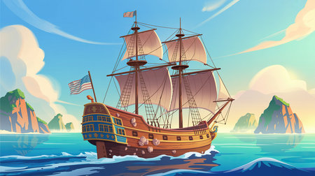 Pirate ship on the sea at sunset. Vector cartoon illustration.の素材