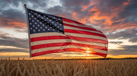 American flag in wheat field at sunset. 3d illustration. United States of America.の素材