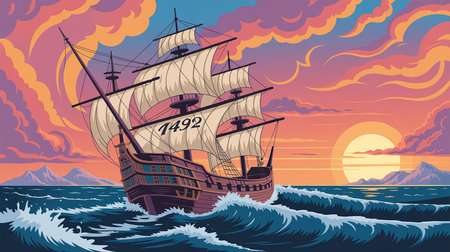 Sailing ship in the sea at sunset. Vector cartoon illustration.の素材