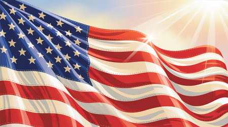 American flag background with sun rays and sunbeams. Vector illustration.の素材