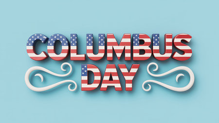 Columbus Day 3D Render Text with USA Flag on Blue Backgroundの素材