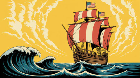 Sailing ship in the sea with waves and clouds. Vector illustration.の素材