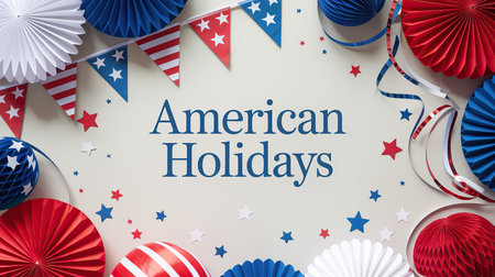 American holiday background with paper party hats, stars and confetti.の素材