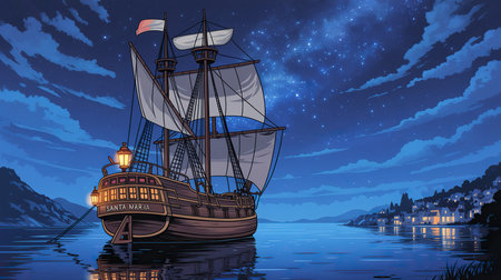 Illustration of a pirate ship on the background of the night skyの素材