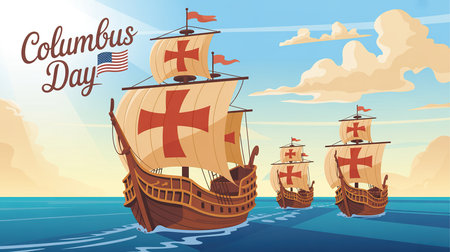 Columbus Day background with old sailboat and flag. Vector illustrationの素材