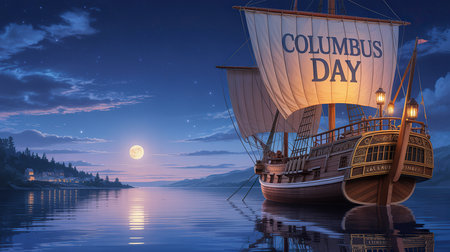 Columbus Day with sailboat and full moon. 3D renderingの素材