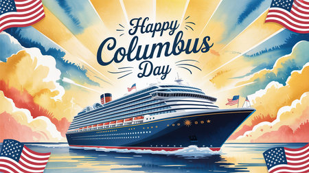 Happy Columbus Day greeting card with cruise ship and usa flag.の素材