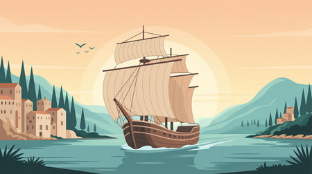 Sailing ship in the sea. Vector illustration in flat style.の素材