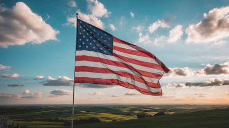 American flag waving in the wind on a background of blue sky.の素材