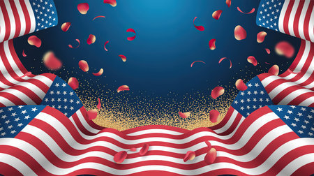 Background with falling petals and falling petals of the American flag. Vector illustrationの素材