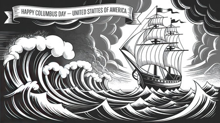 Pirate ship on the sea. Black and white vector illustration.の素材