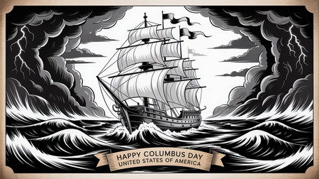 Sailing ship in the sea, black and white vector illustration.の素材